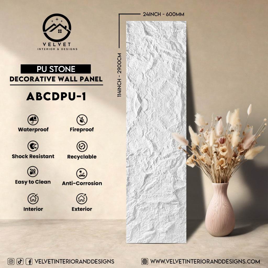 ABCDPU-1 | PU Stone | Decorative Wall Panel | 2 in x 24 in x 114 in |Stone Finish | Waterproof, Scratch-Resistant & Fireproof | Ideal for Living Rooms, Bathrooms & Feature Walls