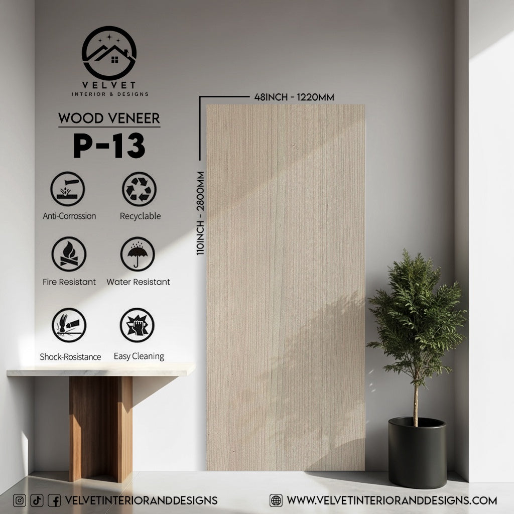 P-13 | Wood Veneer |  Decorative Wall Panel | 5/16 in x 48 in x 110 in | natural wood finish | Waterproof, Scratch-Resistant & Fire-Retardant | Ideal for Living Rooms, Bathrooms & Feature Walls