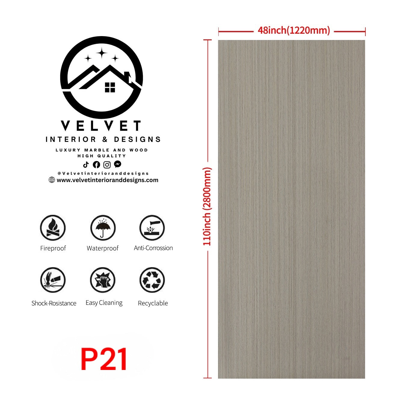 P-21 | Wood Veneer |  Decorative Wall Panel | 1/4 in x 48 in x 110 in | natural wood finish | Waterproof, Scratch-Resistant & Fire-Retardant | Ideal for Living Rooms, Bathrooms & Feature Walls