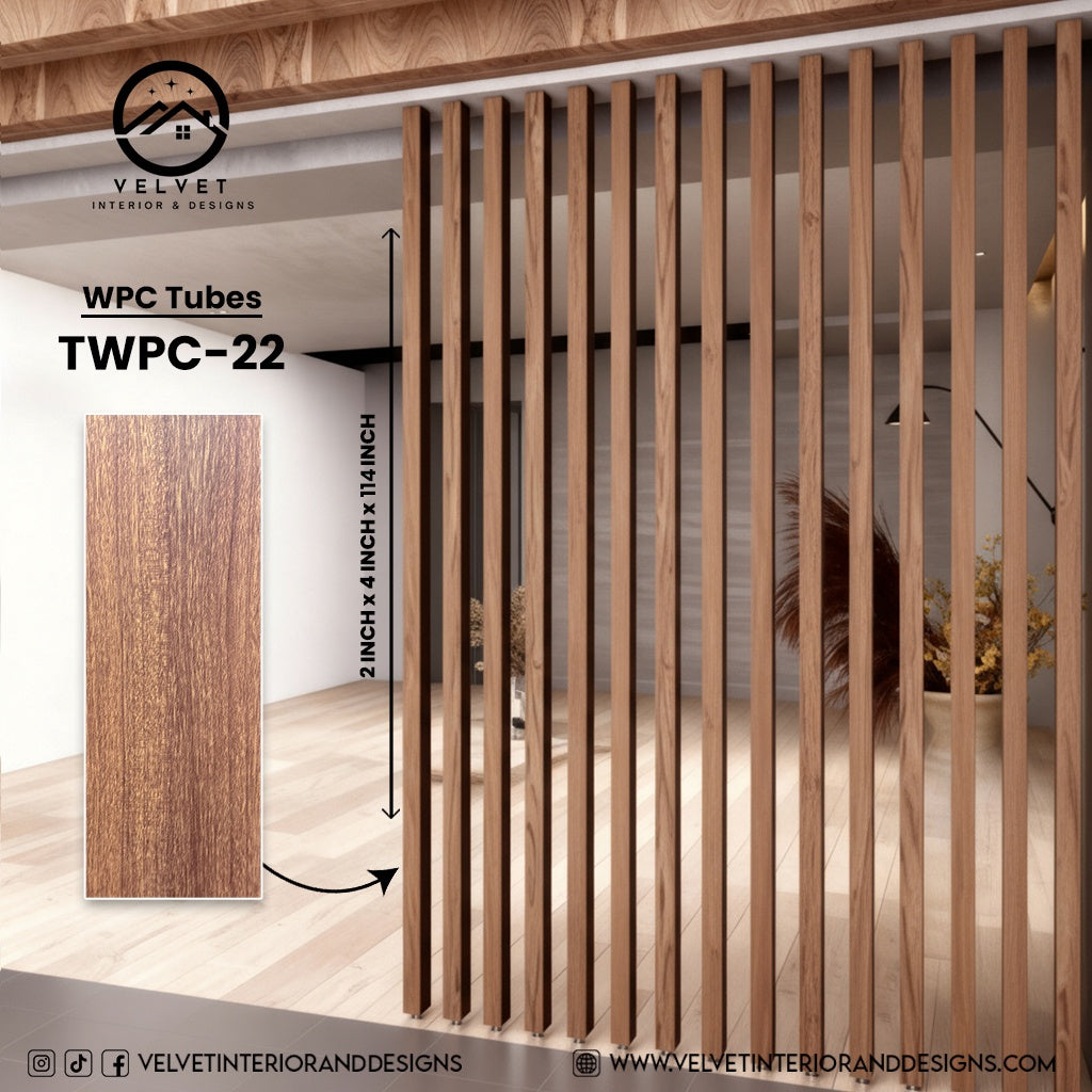 TWPC-22 | WPC Tubes | Slat & Fluted Decorative Wall Panel | 2 in x 4 in x 114 in | Water & Moisture-Resistant | Fire-Retardant | Ideal for Living Rooms, Bedrooms, Bathrooms, TV Walls & Feature Walls