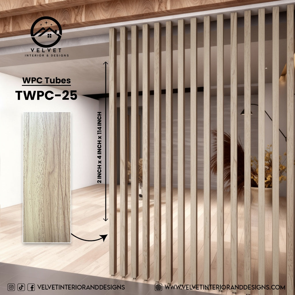 TWPC-25 | WPC Tubes | Slat & Fluted Decorative Wall Panel | 2 in x 4 in x 114 in | Water & Moisture-Resistant | Fire-Retardant | Ideal for Living Rooms, Bedrooms, Bathrooms, TV Walls & Feature Walls