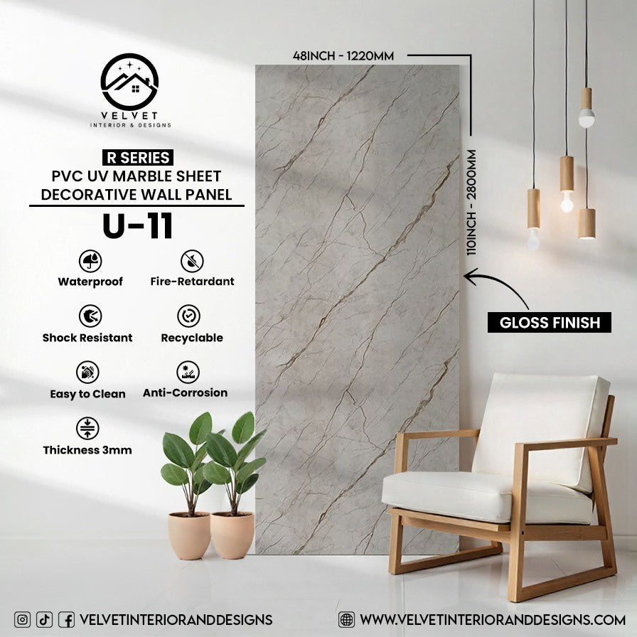 U-11 | R Series | PVC UV Marble Sheet | Decorative Wall Panel | 1/8 in x 48 in x 110 in | Gloss Finish | Waterproof & Fire-Retardant | Ideal for Living Rooms, Bathrooms & Feature Walls