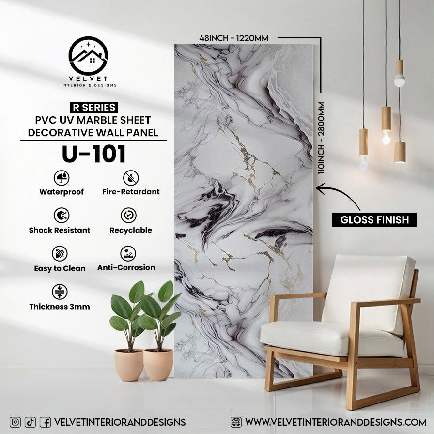 U-101 | R Series | PVC UV Marble Sheet | Decorative Wall Panel | 1/8 in x 48 in x 110 in | Gloss Finish | Waterproof & Fire-Retardant | Ideal for Living Rooms, Bathrooms & Feature Walls