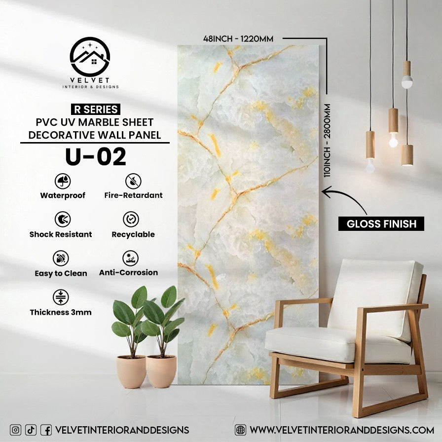 U-02 | R Series | PVC UV Marble Sheet | Decorative Wall Panel | 1/8 in x 48 in x 110 in | Gloss Finish | Waterproof & Fire-Retardant | Ideal for Living Rooms, Bathrooms & Feature Walls