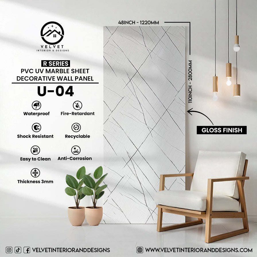 U-04 | R Series | PVC UV Marble Sheet | Decorative Wall Panel | 1/8 in x 48 in x 110 in | Gloss Finish | Waterproof & Fire-Retardant | Ideal for Living Rooms, Bathrooms & Feature Walls