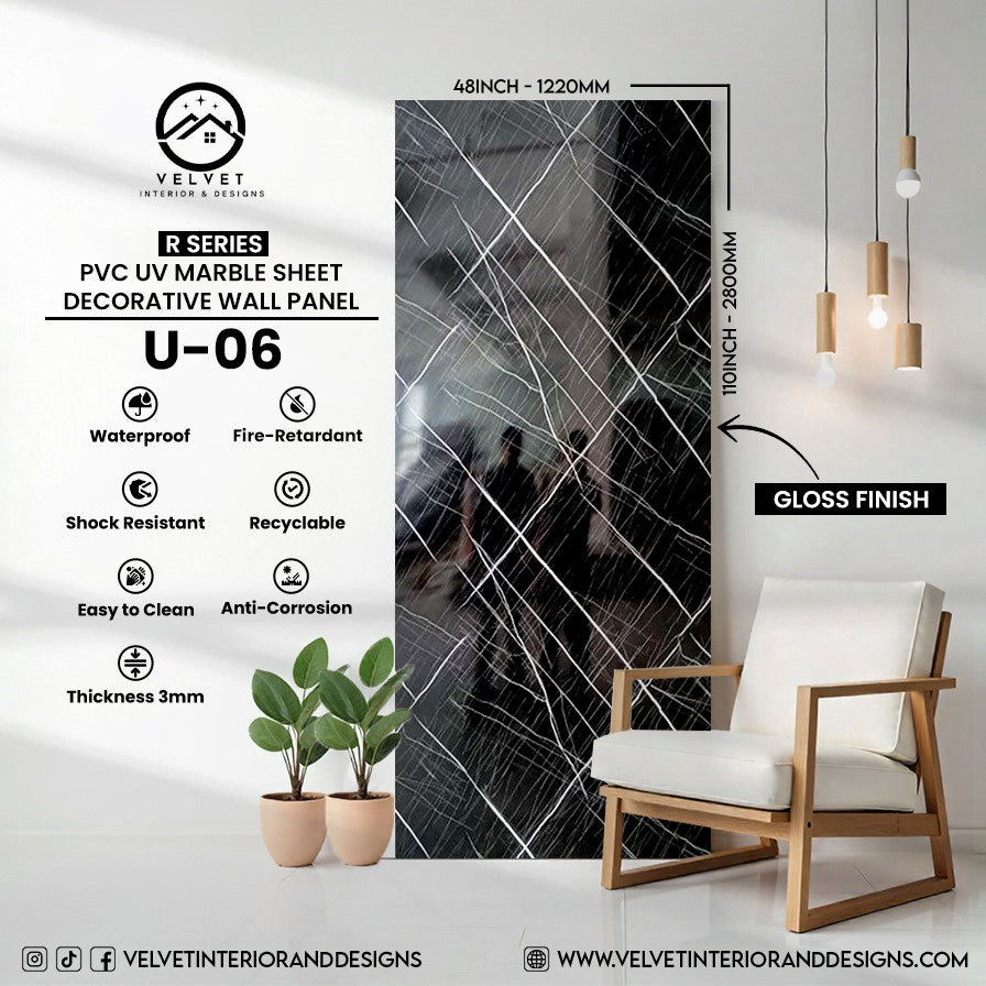 U-06 | R Series | PVC UV Marble Sheet | Decorative Wall Panel | 1/8 in x 48 in x 110 in | Gloss Finish | Waterproof & Fire-Retardant | Ideal for Living Rooms, Bathrooms & Feature Walls