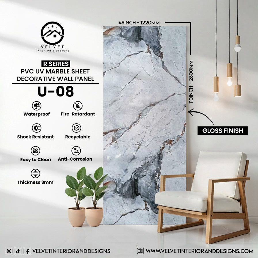 U-08 | R Series | PVC UV Marble Sheet | Decorative Wall Panel | 1/8 in x 48 in x 110 in | Gloss Finish | Waterproof & Fire-Retardant | Ideal for Living Rooms, Bathrooms & Feature Walls