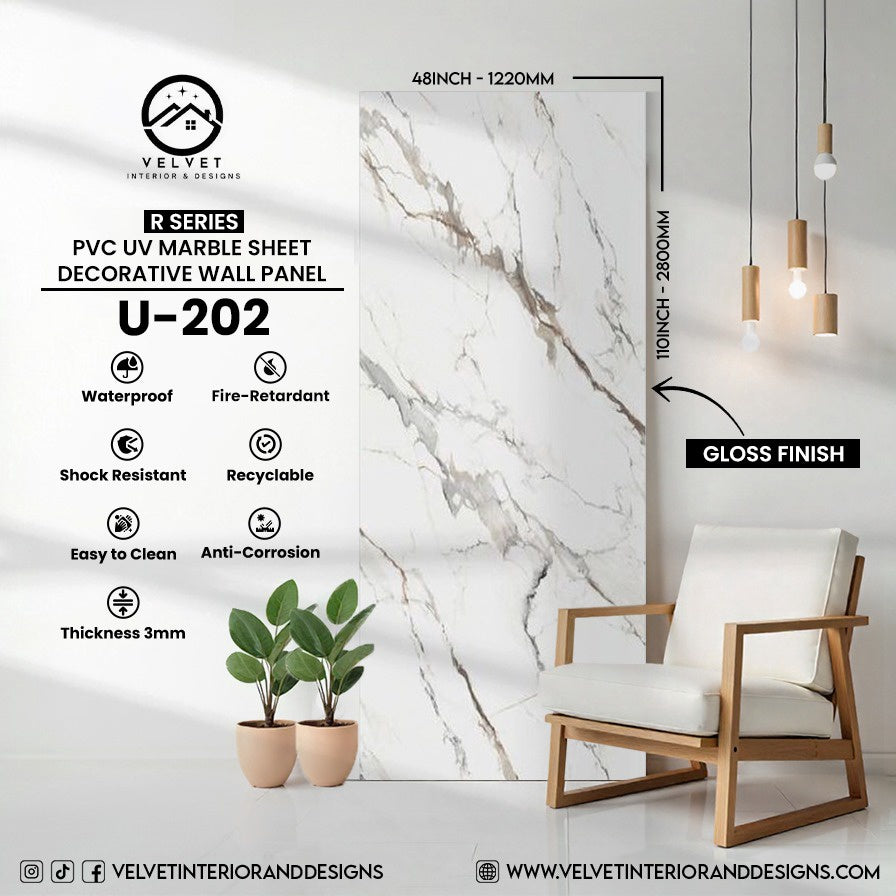 U-202 | R Series | PVC UV Marble Sheet | Decorative Wall Panel | 1/8 in x 48 in x 110 in | Gloss Finish | Waterproof & Fire-Retardant | Ideal for Living Rooms, Bathrooms & Feature Walls