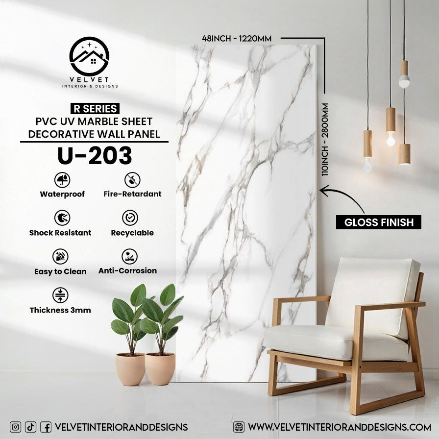 U-203 | R Series | PVC UV Marble Sheet | Decorative Wall Panel | 1/8 in x 48 in x 110 in | Gloss Finish | Waterproof & Fire-Retardant | Ideal for Living Rooms, Bathrooms & Feature Walls