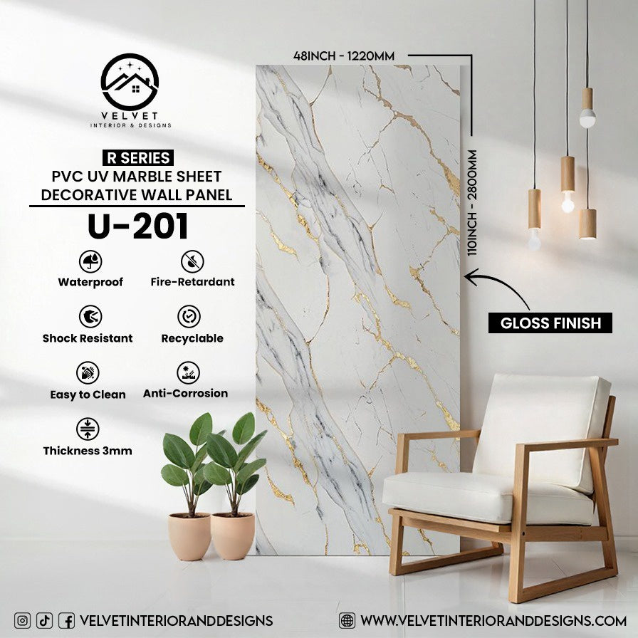 U-201 | R Series | PVC UV Marble Sheet | Decorative Wall Panel | 1/8 in x 48 in x 110 in | Gloss Finish | Waterproof & Fire-Retardant | Ideal for Living Rooms, Bathrooms & Feature Walls
