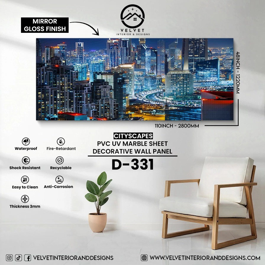D-331 | Cityscapes | PVC UV Marble Sheet | Decorative Wall Panel | 1/8 in x 48 in x 110 in | Mirror Gloss Finish | Waterproof & Fire-Retardant | Ideal for Living Rooms, Bathrooms & Feature Walls