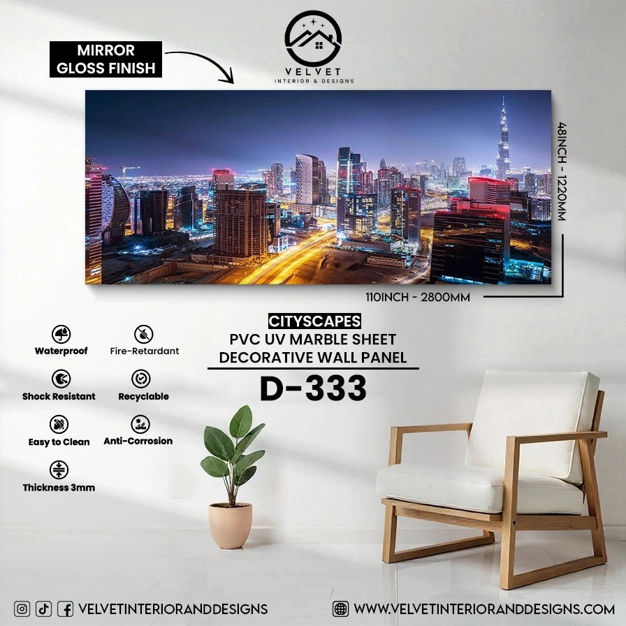 D-333 | Cityscapes | PVC UV Marble Sheet | Decorative Wall Panel | 1/8 in x 48 in x 110 in | Mirror Gloss Finish | Waterproof & Fire-Retardant | Ideal for Living Rooms, Bathrooms & Feature Walls