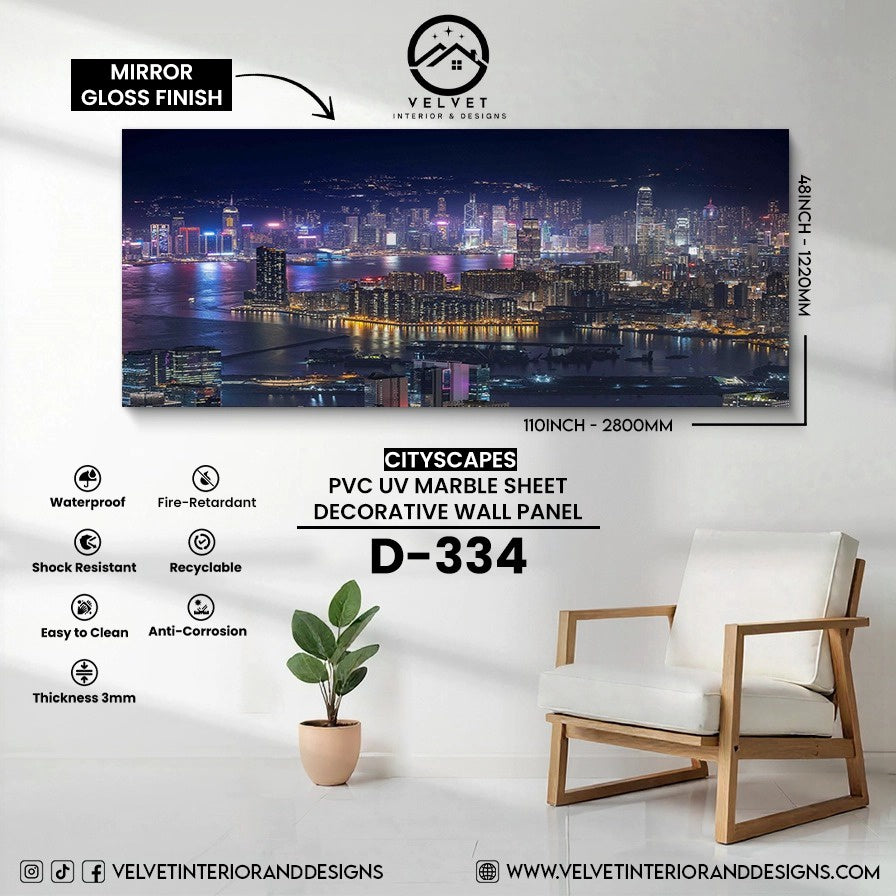 D-334 | Cityscapes | PVC UV Marble Sheet | Decorative Wall Panel | 1/8 in x 48 in x 110 in | Mirror Gloss Finish | Waterproof & Fire-Retardant | Ideal for Living Rooms, Bathrooms & Feature Walls