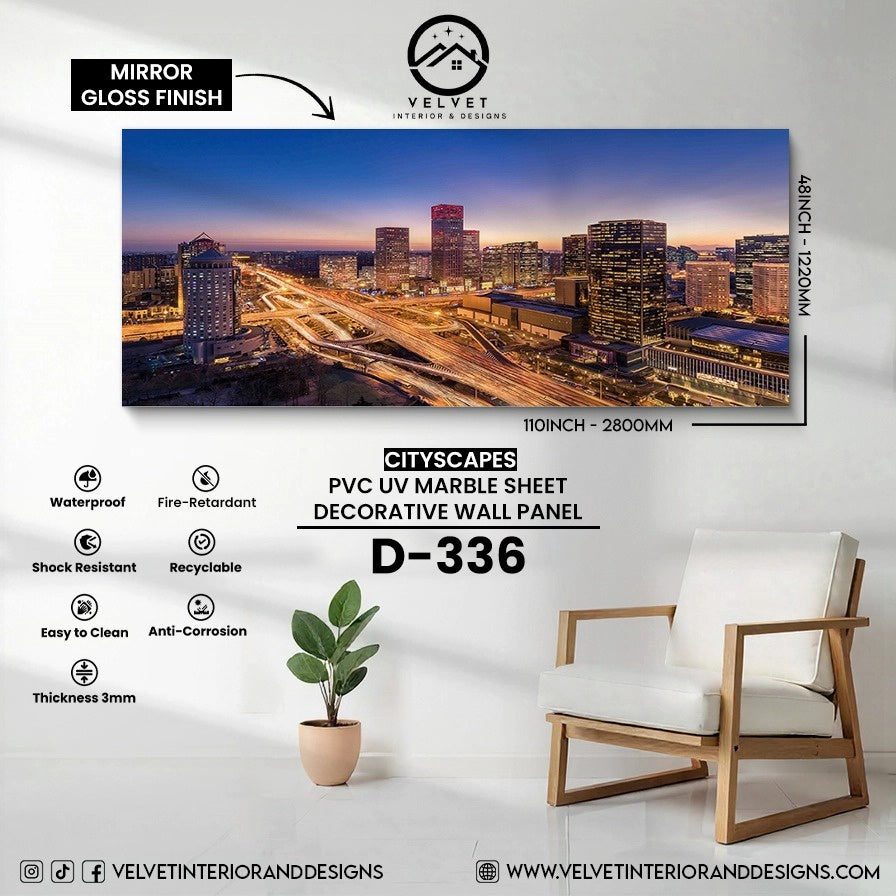 D-336 | Cityscapes | PVC UV Marble Sheet | Decorative Wall Panel | 1/8 in x 48 in x 110 in | Mirror Gloss Finish | Waterproof & Fire-Retardant | Ideal for Living Rooms, Bathrooms & Feature Walls