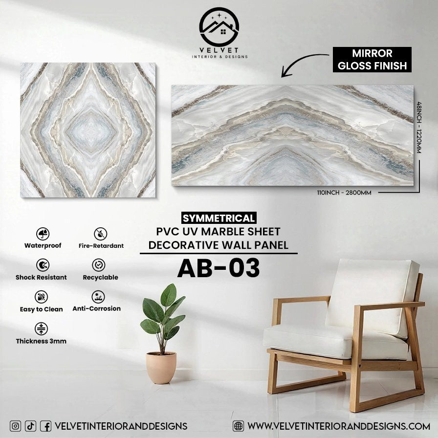 AB-03 | Symmetrical | PVC UV Marble Sheet | Decorative Wall Panel | 1/8 in x 48 in x 110 in | Mirror Gloss Finish | Waterproof & Fire-Retardant | Ideal for Living Rooms, Bathrooms & Feature Walls