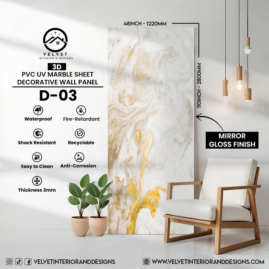 D-03 | 3D | PVC UV Marble Sheet | Decorative Wall Panel | 1/8 in x 48 in x 110 in | Mirror Gloss Finish | Waterproof & Fire-Retardant | Ideal for Living Rooms, Bathrooms & Feature Walls