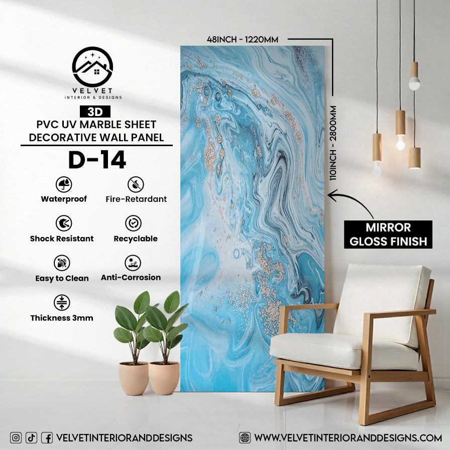 D-14 | 3D | PVC UV Marble Sheet | Decorative Wall Panel | 1/8 in x 48 in x 110 in | Mirror Gloss Finish | Waterproof& Fire-Retardant | Ideal for Living Rooms, Bathrooms & Feature Walls