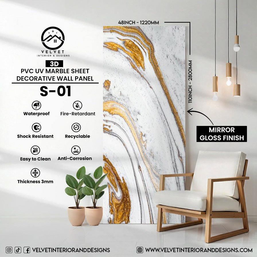 S-01 | 3D | PVC UV Marble Sheet | Decorative Wall Panel | 1/8 in x 48 in x 110 in | Mirror Gloss Finish | Waterproof & Fire-Retardant | Ideal for Living Rooms, Bathrooms & Feature Walls