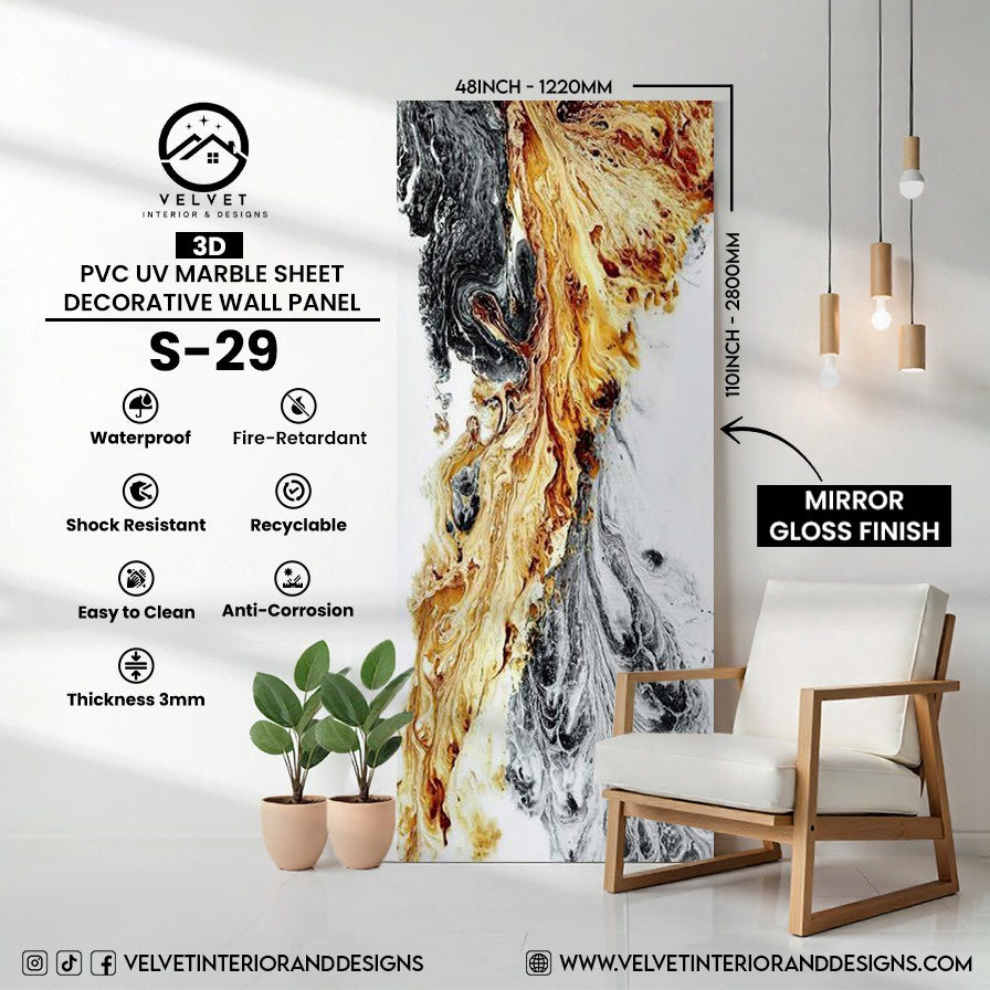 S-29 | 3D | PVC UV Marble Sheet | Decorative Wall Panel | 1/8 in x 48 in x 110 in | Mirror Gloss Finish | Waterproof & Fire-Retardant | Ideal for Living Rooms, Bathrooms & Feature Walls