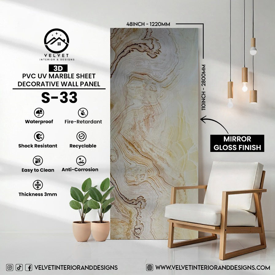 S-33 | 3D | PVC UV Marble Sheet | Decorative Wall Panel | 1/8 in x 48 in x 110 in | Mirror Gloss Finish | Waterproof & Fire-Retardant | Ideal for Living Rooms, Bathrooms & Feature Walls