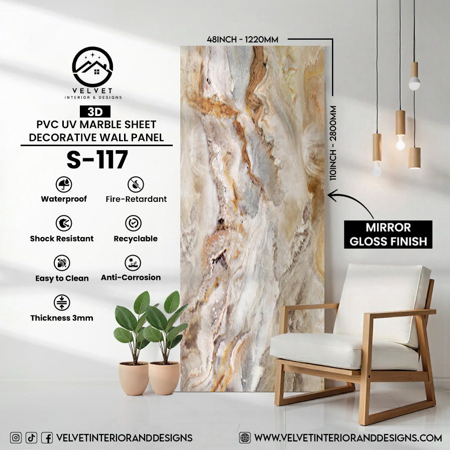 S-117 | 3D | PVC UV Marble Sheet | Decorative Wall Panel | 1/8 in x 48 in x 110 in | Mirror Gloss Finish | Waterproof & Fire-Retardant | Ideal for Living Rooms, Bathrooms & Feature Walls