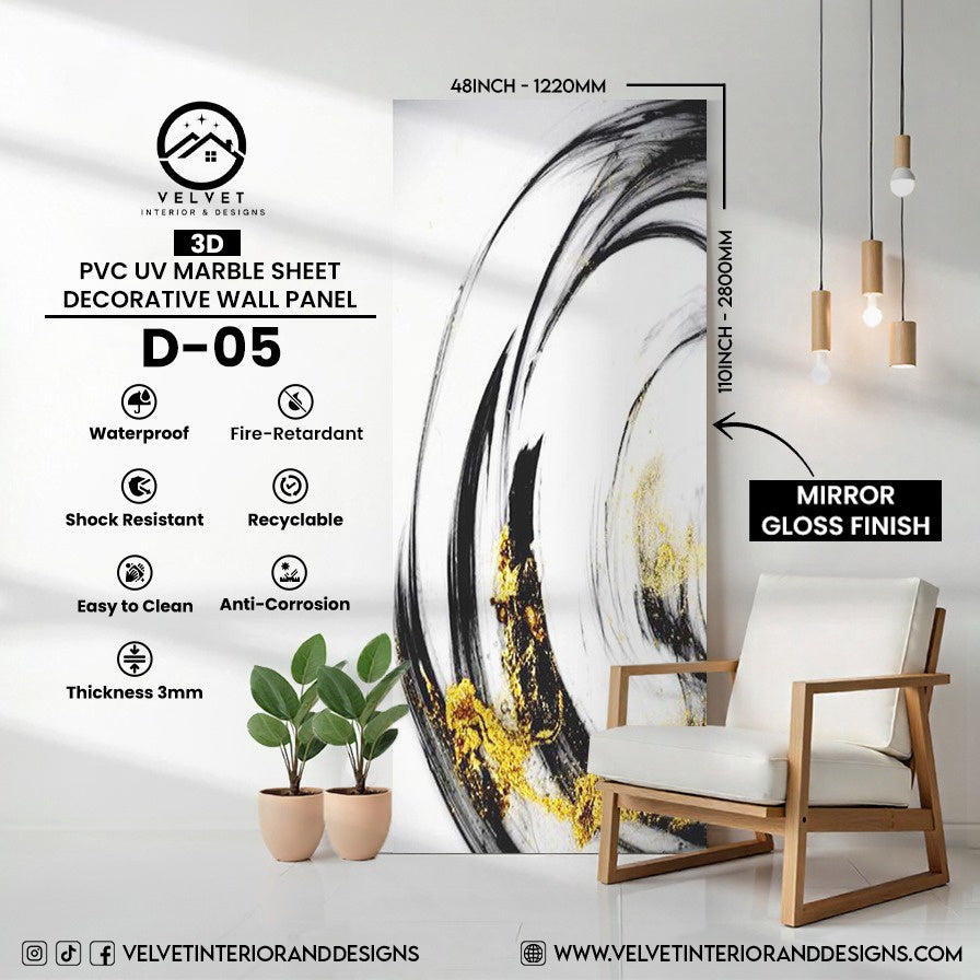 D-05 | 3D | PVC UV Marble Sheet | Decorative Wall Panel | 1/8 in x 48 in x 110 in | Mirror Gloss Finish | Waterproof & Fire-Retardant | Ideal for Living Rooms, Bathrooms & Feature Walls