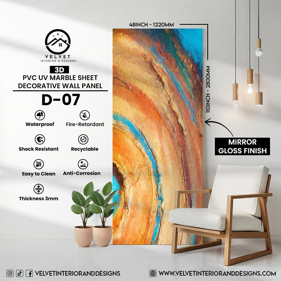 D-07 | 3D | PVC UV Marble Sheet | Decorative Wall Panel | 1/8 in x 48 in x 110 in | Mirror Gloss Finish | Waterproof & Fire-Retardant | Ideal for Living Rooms, Bathrooms & Feature Walls