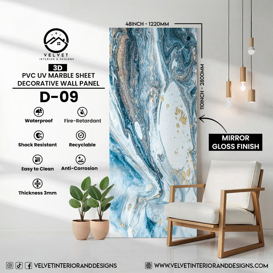 D-09 | 3D | PVC UV Marble Sheet | Decorative Wall Panel | 1/8 in x 48 in x 110 in | Mirror Gloss Finish | Waterproof & Fire-Retardant | Ideal for Living Rooms, Bathrooms & Feature Walls