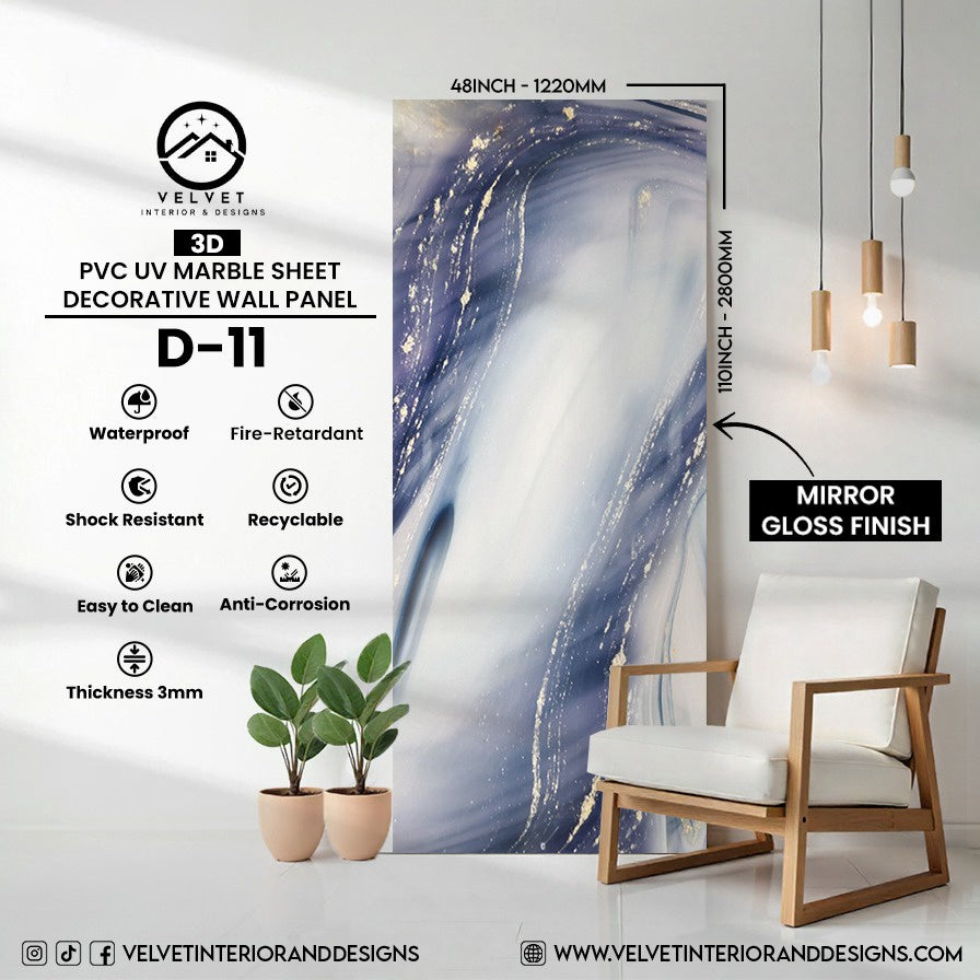 D-11 | 3D | PVC UV Marble Sheet | Decorative Wall Panel | 1/8 in x 48 in x 110 in | Mirror Gloss Finish | Waterproof & Fire-Retardant | Ideal for Living Rooms, Bathrooms & Feature Walls