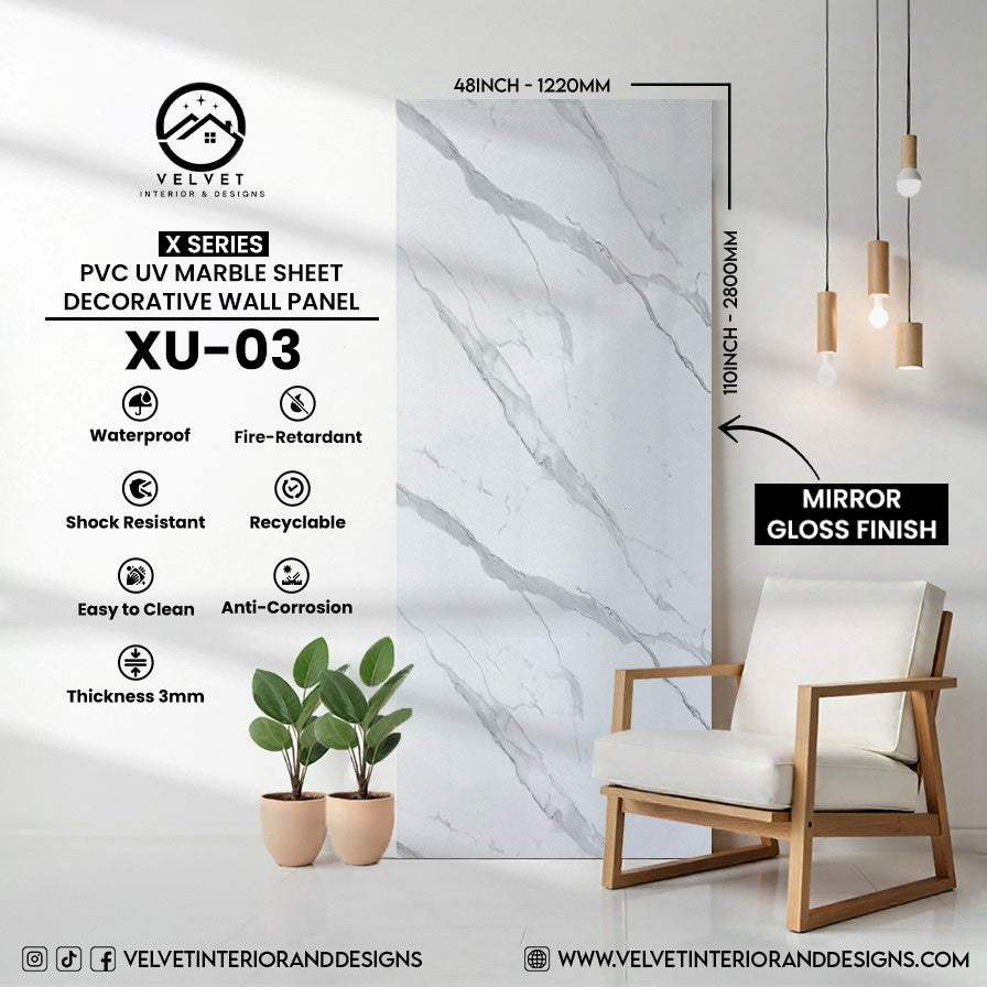 XU-03 | X Series | PVC UV Marble Sheet | Decorative Wall Panel | 1/8 in x 48 in x 110 in | Mirror Gloss Finish | Waterproof & Fire-Retardant | Ideal for Living Rooms, Bathrooms & Feature Walls