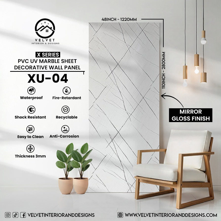 XU-04 | X Series | PVC UV Marble Sheet | Decorative Wall Panel | 1/8 in x 48 in x 110 in | Mirror Gloss Finish | Waterproof & Fire-Retardant | Ideal for Living Rooms, Bathrooms & Feature Walls