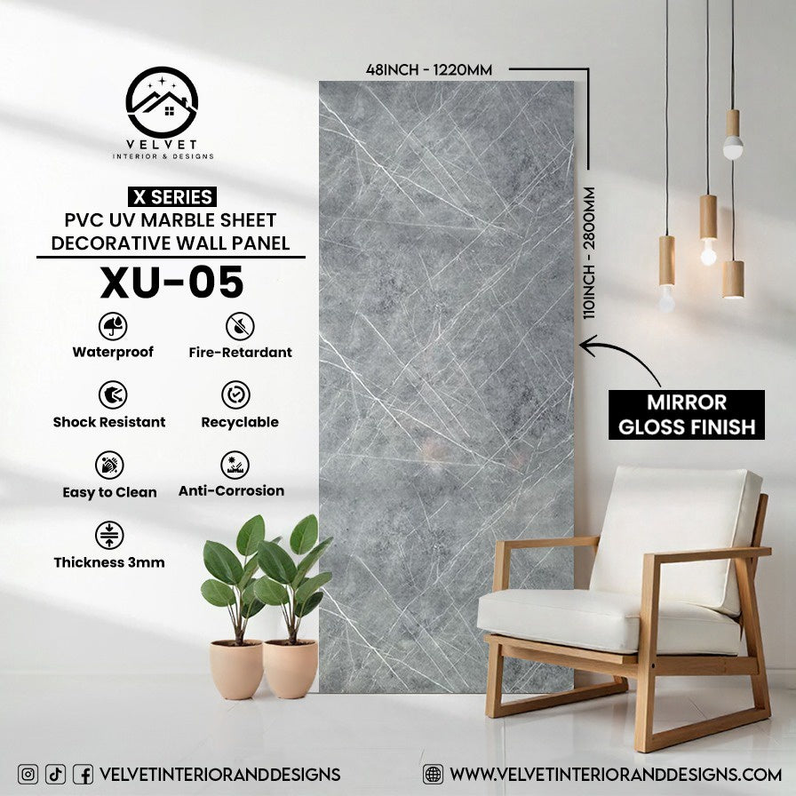 XU-05 | X Series | PVC UV Marble Sheet | Decorative Wall Panel | 1/8 in x 48 in x 110 in | Mirror Gloss Finish | Waterproof & Fire-Retardant | Ideal for Living Rooms, Bathrooms & Feature Walls