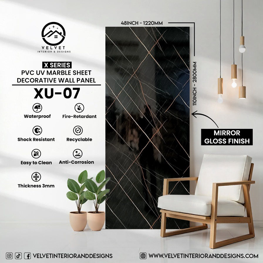 XU-07 | X Series | PVC UV Marble Sheet | Decorative Wall Panel | 1/8 in x 48 in x 110 in | Mirror Gloss Finish | Waterproof & Fire-Retardant | Ideal for Living Rooms, Bathrooms & Feature Walls