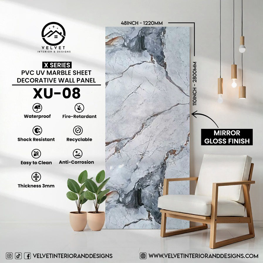 XU-08 | X Series | PVC UV Marble Sheet | Decorative Wall Panel | 1/8 in x 48 in x 110 in | Mirror Gloss Finish | Waterproof & Fire-Retardant | Ideal for Living Rooms, Bathrooms & Feature Walls