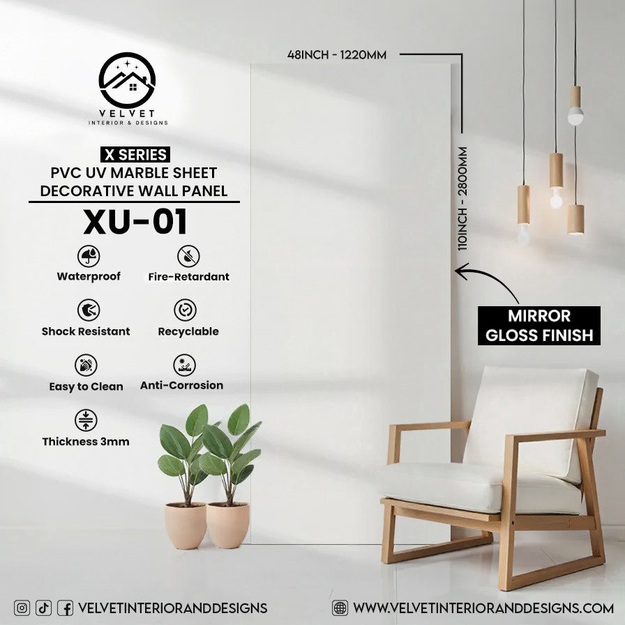 XU-01 | X Series | PVC UV Marble Sheet | Decorative Wall Panel | 1/8 in x 48 in x 110 in | Mirror Gloss Finish | Waterproof & Fire-Retardant | Ideal for Living Rooms, Bathrooms & Feature Walls