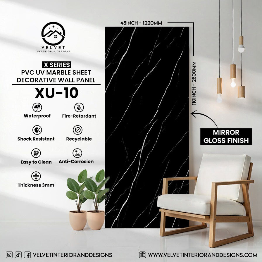 XU-10 | X Series | PVC UV Marble Sheet | Decorative Wall Panel | 1/8 in x 48 in x 110 in | Mirror Gloss Finish | Waterproof & Fire-Retardant | Ideal for Living Rooms, Bathrooms & Feature Walls