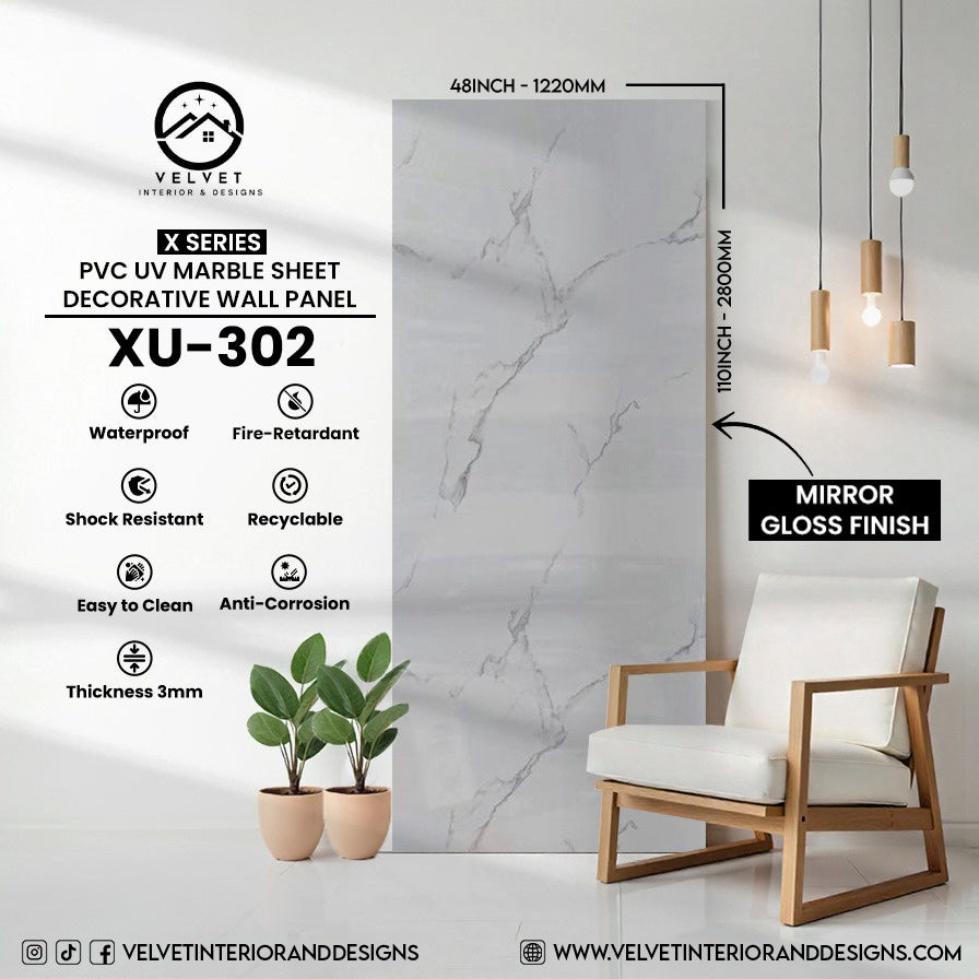XU-302 | X Series | PVC UV Marble Sheet | Decorative Wall Panel | 1/8 in x 48 in x 110 in | Mirror Gloss Finish | Waterproof & Fire-Retardant | Ideal for Living Rooms, Bathrooms & Feature Walls