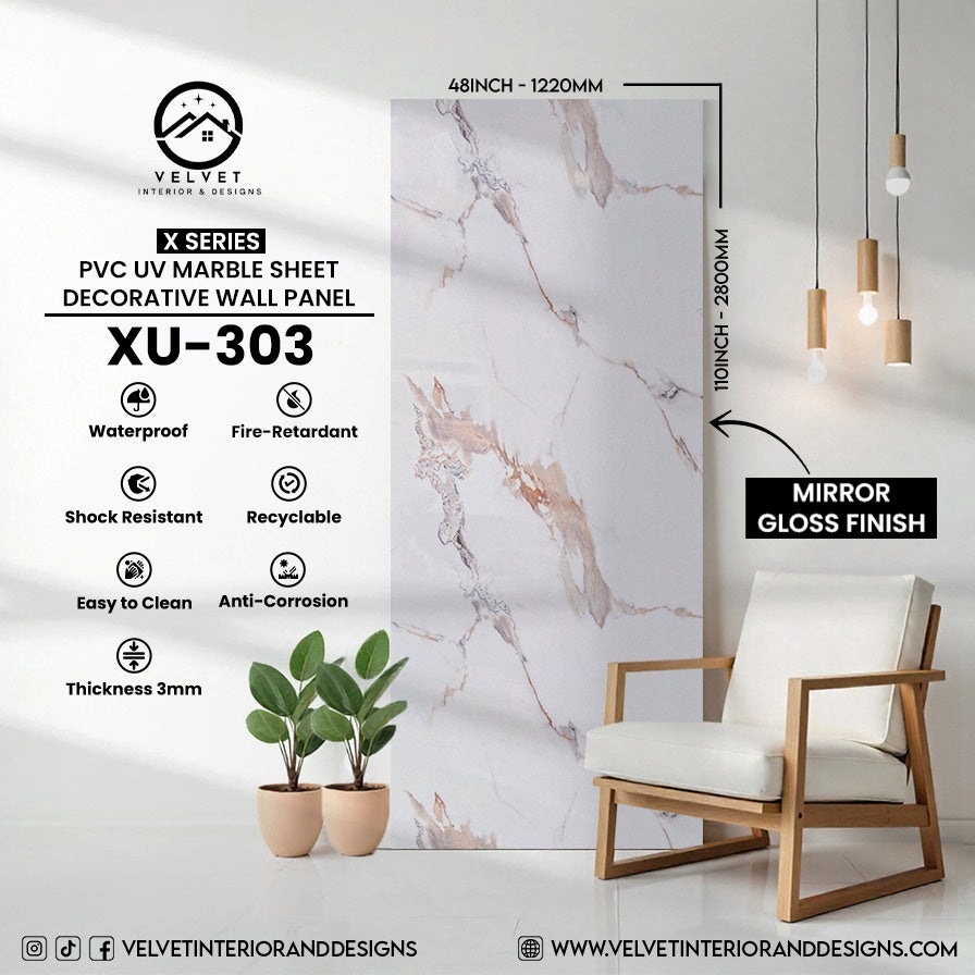 XU-303 | X Series | PVC UV Marble Sheet | Decorative Wall Panel | 1/8 in x 48 in x 110 in | Mirror Gloss Finish | Waterproof & Fire-Retardant | Ideal for Living Rooms, Bathrooms & Feature Walls