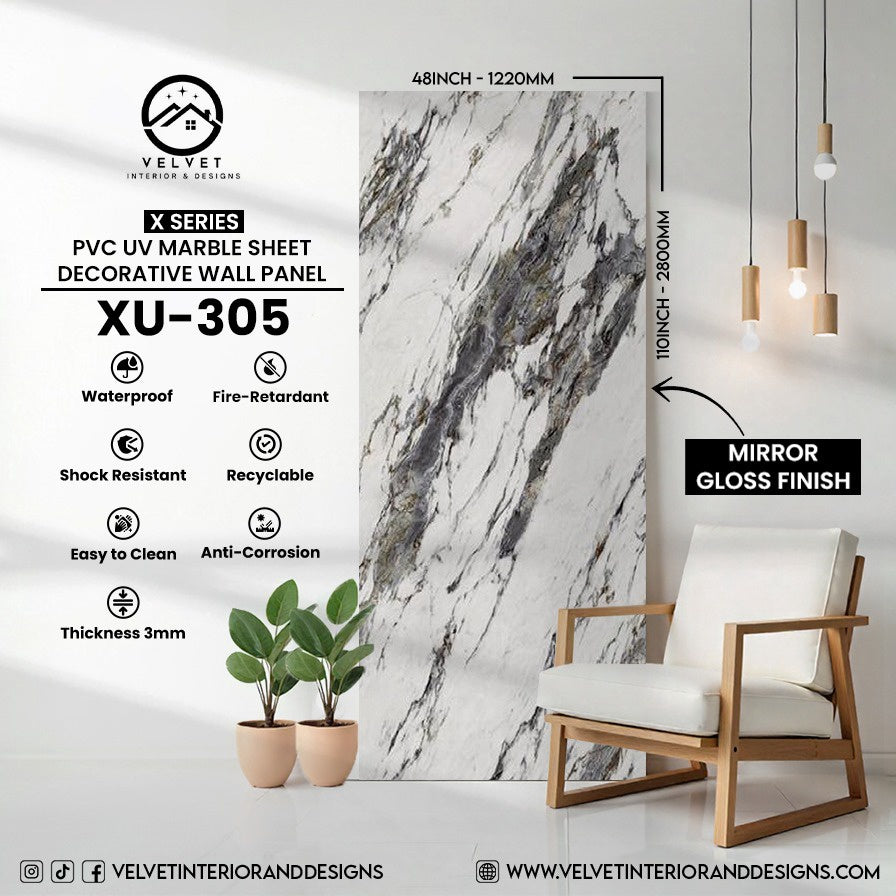 XU-305 | X Series | PVC UV Marble Sheet | Decorative Wall Panel | 1/8 in x 48 in x 110 in | Mirror Gloss Finish | Waterproof & Fire-Retardant | Ideal for Living Rooms, Bathrooms & Feature Walls