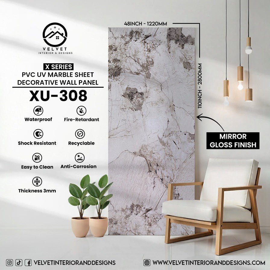 XU-308 | X Series | PVC UV Marble Sheet | Decorative Wall Panel | 1/8 in x 48 in x 110 in | Mirror Gloss Finish | Waterproof & Fire-Retardant | Ideal for Living Rooms, Bathrooms & Feature Walls