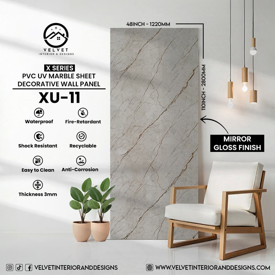 XU-11 | X Series | PVC UV Marble Sheet | Decorative Wall Panel | 1/8 in x 48 in x 110 in | Mirror Gloss Finish | Waterproof & Fire-Retardant | Ideal for Living Rooms, Bathrooms & Feature Walls