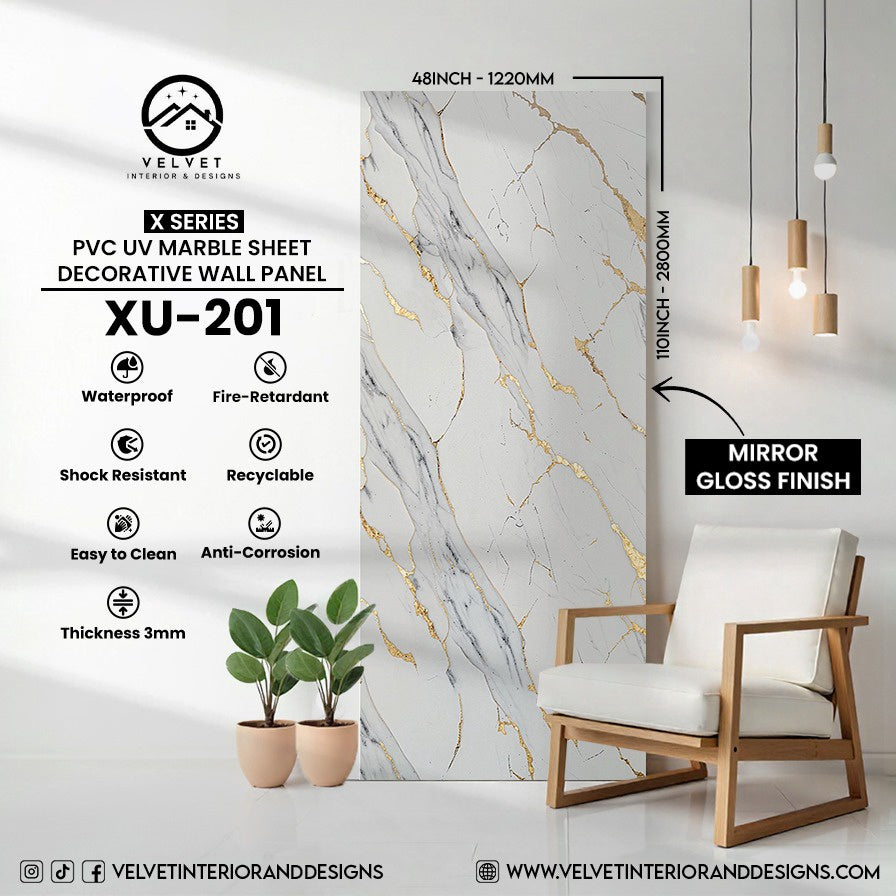 XU-201 | X Series | PVC UV Marble Sheet | Decorative Wall Panel | 1/8 in x 48 in x 110 in | Mirror Gloss Finish | Waterproof & Fire-Retardant | Ideal for Living Rooms, Bathrooms & Feature Walls