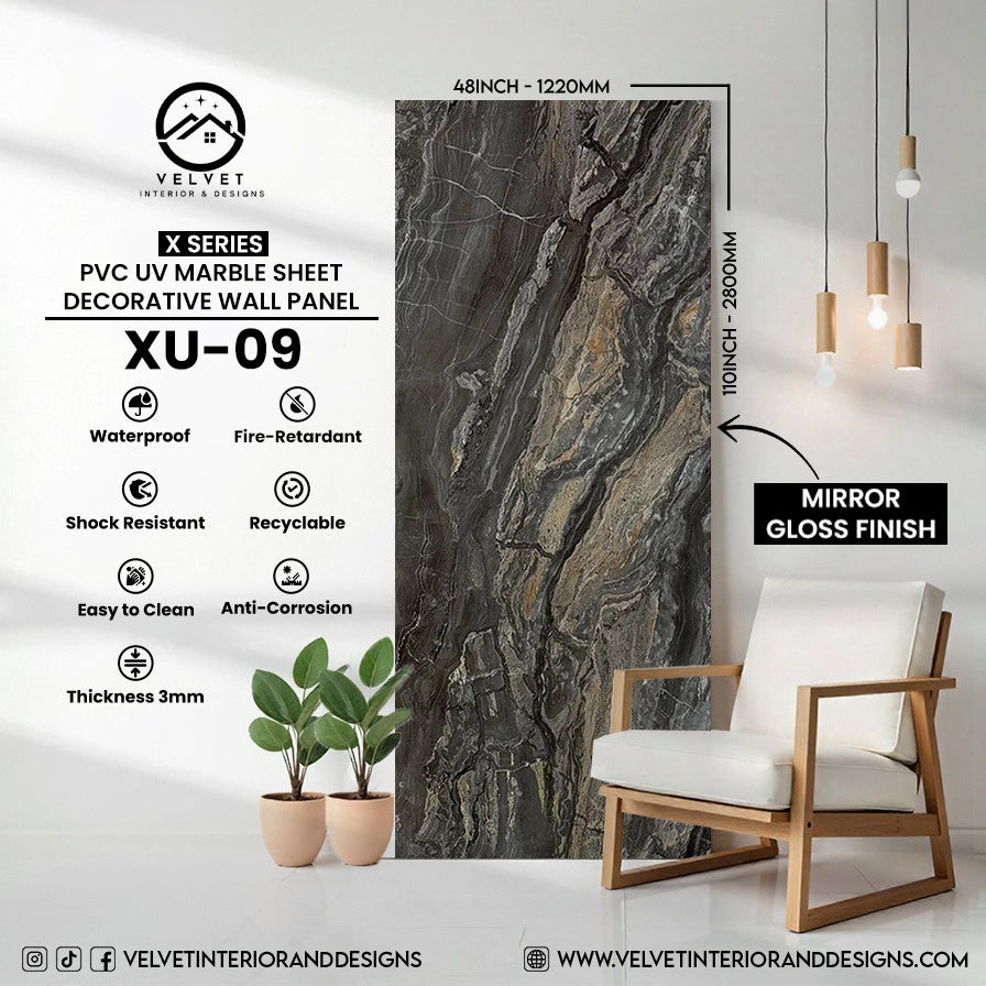 XU-09 | X Series | PVC UV Marble Sheet | Decorative Wall Panel | 1/8 in x 48 in x 110 in | Mirror Gloss Finish | Waterproof & Fire-Retardant | Ideal for Living Rooms, Bathrooms & Feature Walls