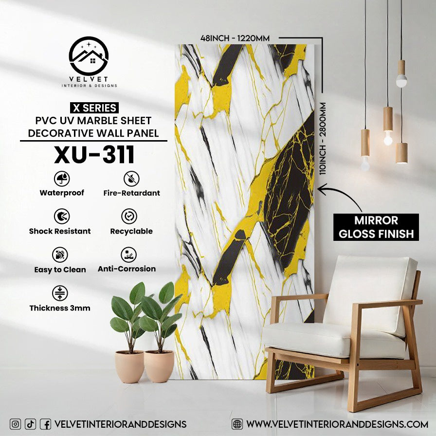 XU-311| X Series | PVC UV Marble Sheet | Decorative Wall Panel | 1/8 in x 48 in x 110 in | Mirror Gloss Finish | Waterproof & Fire-Retardant | Ideal for Living Rooms, Bathrooms & Feature Walls