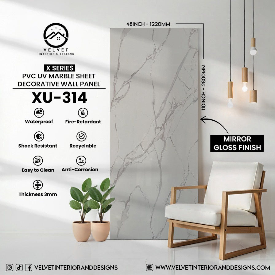XU-314 | X Series | PVC UV Marble Sheet | Decorative Wall Panel | 1/8 in x 48 in x 110 in | Mirror Gloss Finish | Waterproof & Fire-Retardant | Ideal for Living Rooms, Bathrooms & Feature Walls
