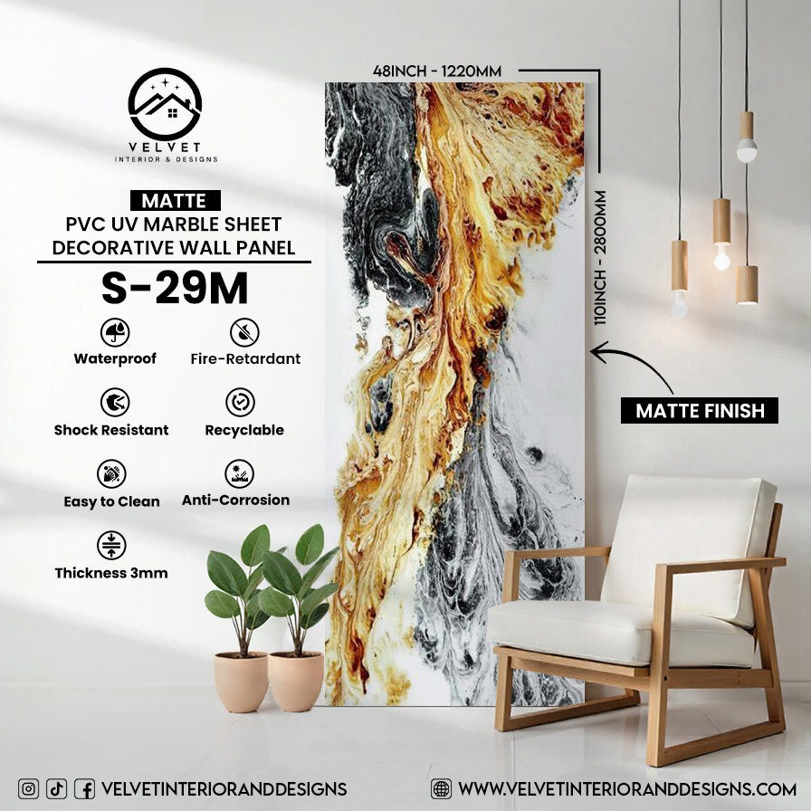 S-29M | Matte | PVC UV Marble Sheet | Decorative Wall Panel | 1/8 in x 48 in x 110 in | Matte Finish | Waterproof & Fire-Retardant | Ideal for Living Rooms, Bathrooms & Feature Walls