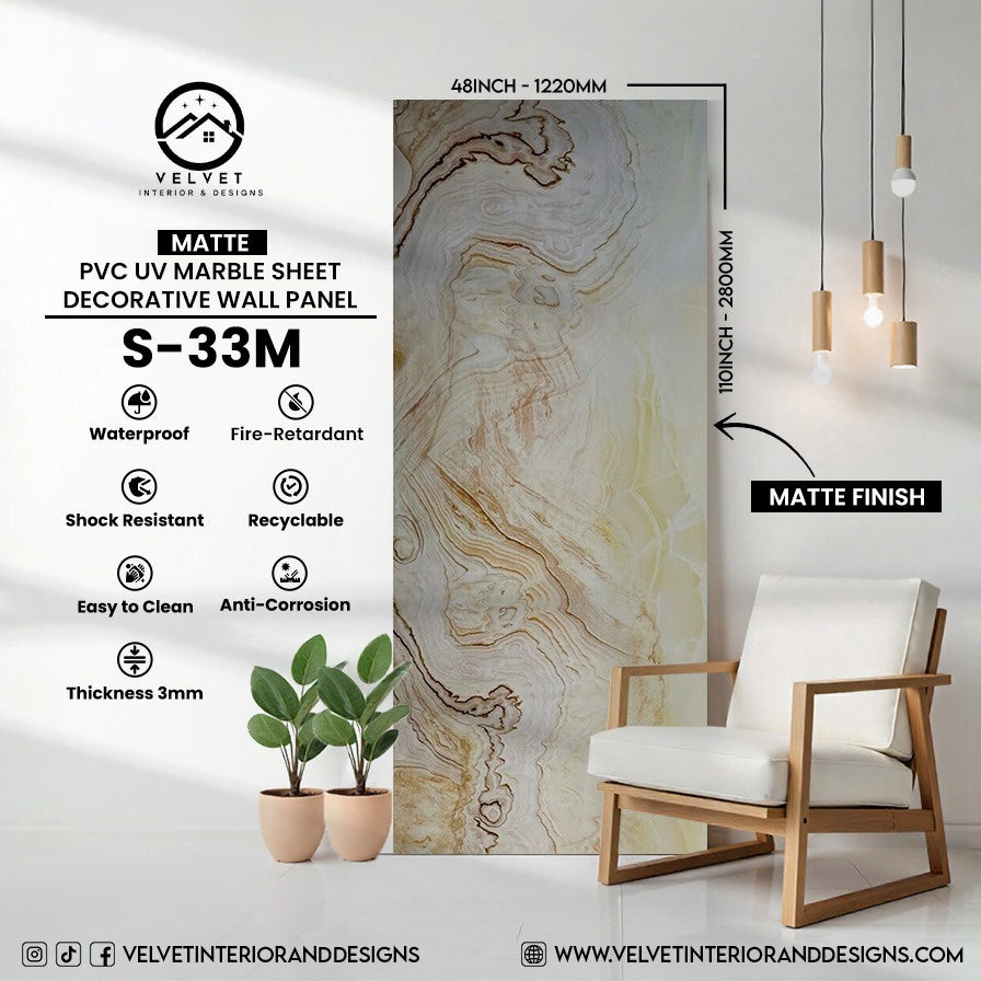 S-33M | Matte | PVC UV Marble Sheet | Decorative Wall Panel | 1/8 in x 48 in x 110 in | Matte Finish | Waterproof & Fire-Retardant | Ideal for Living Rooms, Bathrooms & Feature Walls