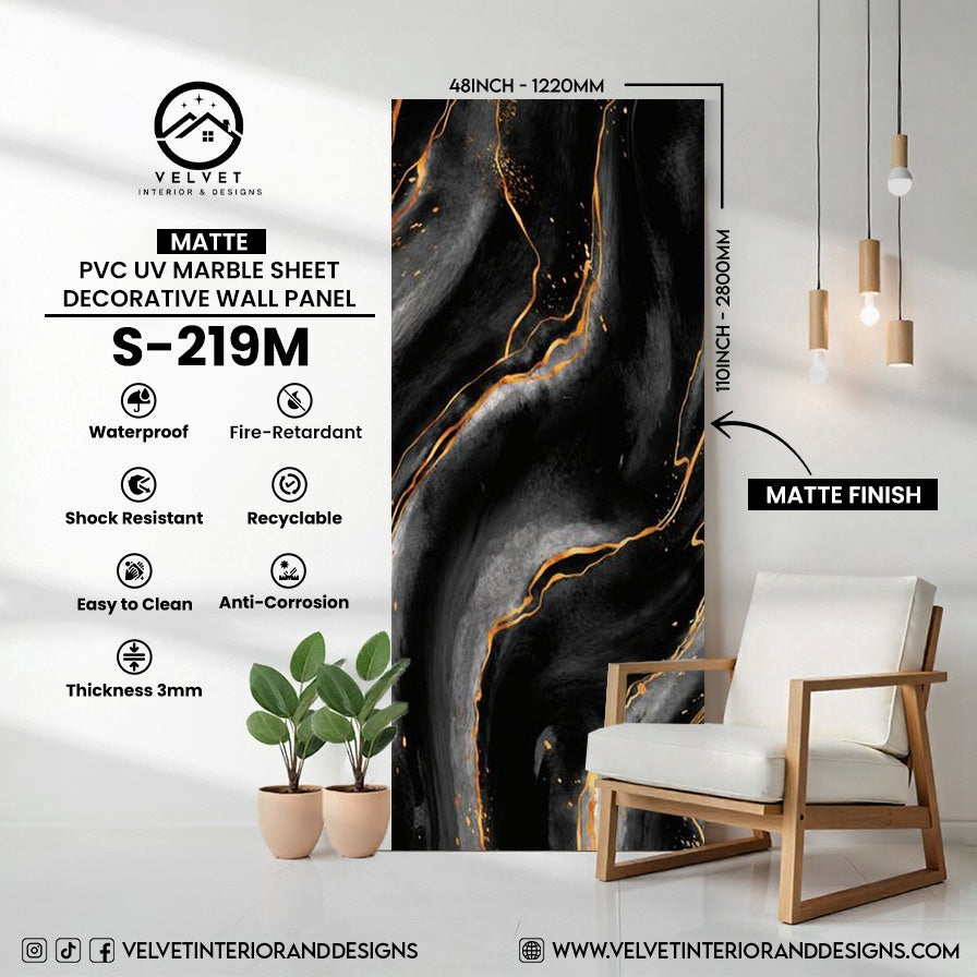 S-219M | Matte | PVC UV Marble Sheet | Decorative Wall Panel | 1/8 in x 48 in x 110 in | Matte Finish | Waterproof & Fire-Retardant | Ideal for Living Rooms, Bathrooms & Feature Walls
