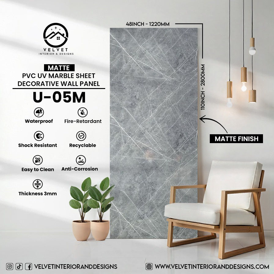 U-05M | Matte | PVC UV Marble Sheet | Decorative Wall Panel | 1/8 in x 48 in x 110 in | Matte Finish | Waterproof & Fire-Retardant | Ideal for Living Rooms, Bathrooms & Feature Walls