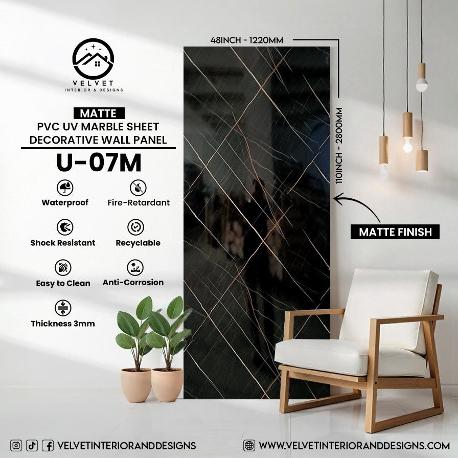 U-07M | Matte | PVC UV Marble Sheet | Decorative Wall Panel | 1/8 in x 48 in x 110 in | Matte Finish | Waterproof & Fire-Retardant | Ideal for Living Rooms, Bathrooms & Feature Walls